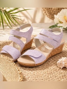 Propet Millie Lavender Cork Wedge Sandals Size 10 Wide (D) Leather Comfort Shoes